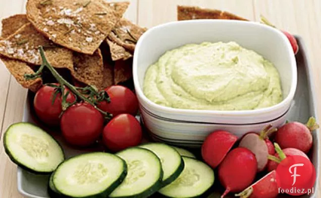 Curry Dip z tofu i awokado z rozmarynowymi chipsami Pita
