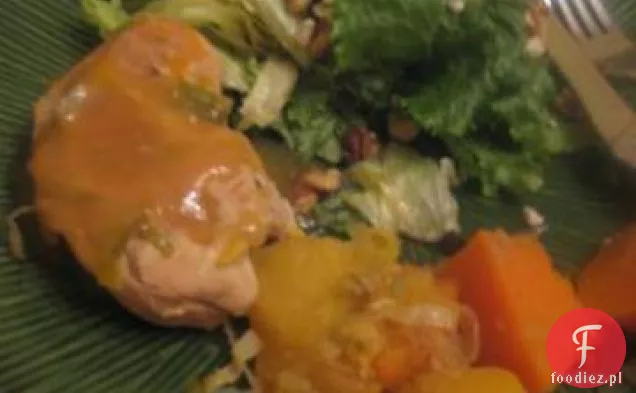 Klonowo-Pomarańczowy kurczak z dynią Żołędziową i słodkimi ziemniakami