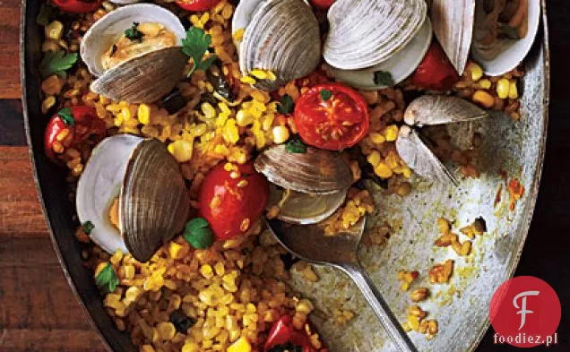 Paella z Poblanos, kukurydzą i małż