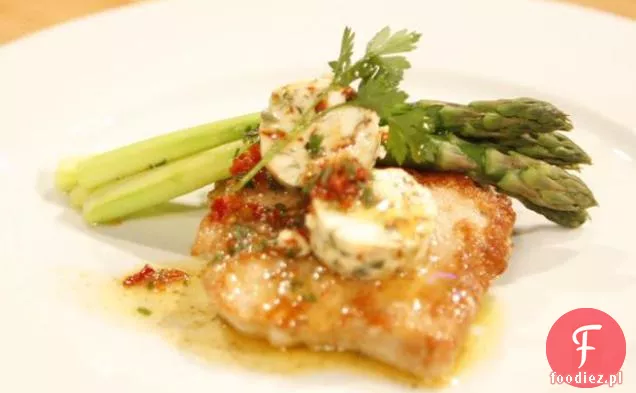 Herbed Pork Paillards with Sundry Tomato Butter and Asparagus