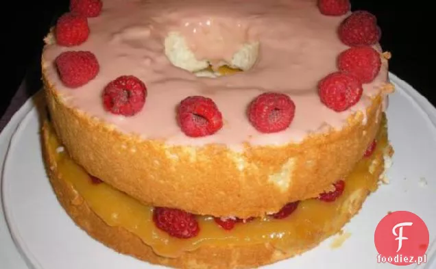 Lemon Angel Food Cake Filled with Lemon Curd and Fresh Raspberry