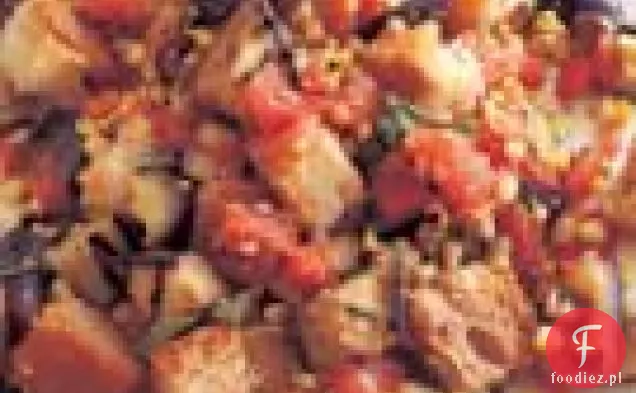 Grillowana Sałatka z bakłażanem, kukurydzą i chlebem z pomidorowo-bazyliowym Vinaig