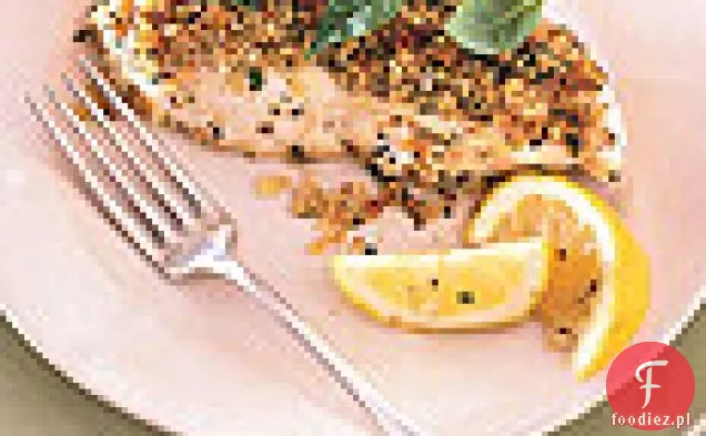 Pieczony Halibut ze skórką z orzecha włoskiego