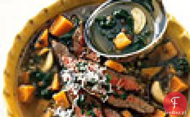 Zupa z soczewicy i pieczonego czosnku z pieczonym stekiem