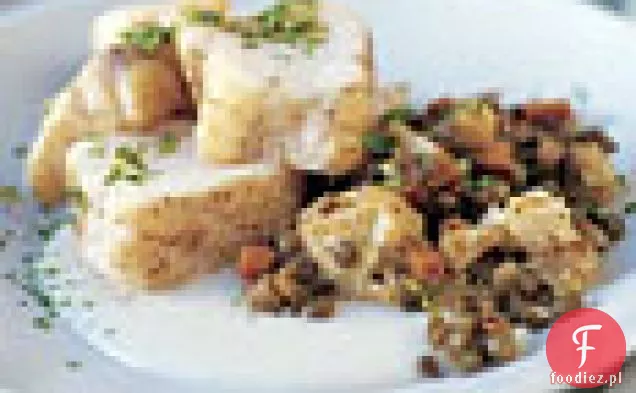 Pieczona Żabnica z curry soczewicą i rumianym kalafiorem maślanym