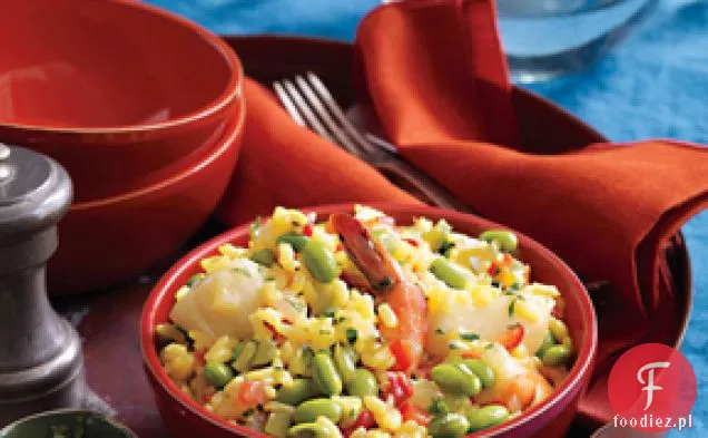 Paella z owocami morza z Edamame