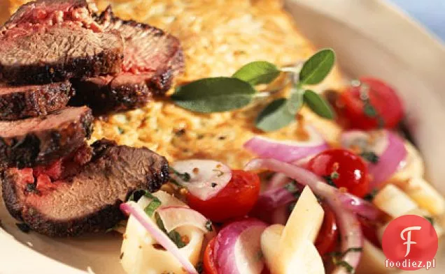 Patrick Sage-y Schab jagnięcy z anielskimi włosami naleśnik i złamane serca Palmowo-pomidorowa Sałatka