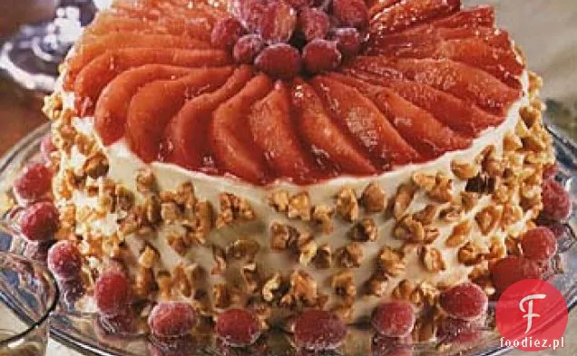 Świąteczny tort żurawinowy, gruszkowy i orzechowy z serkiem śmietankowo-pomarańczowym lukrem