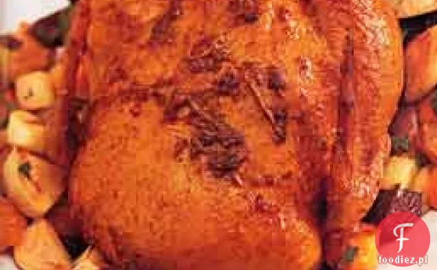 Kurczak cytrynowo-imbirowy z prażonymi warzywami korzeniowymi
