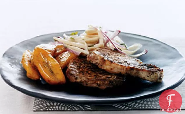 Kotlet schabowy z sercami sałatki Palmowej i słodkimi Plantanami