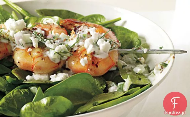Szaszłyki krewetkowe z Tzatziki, szpinakiem i fetą