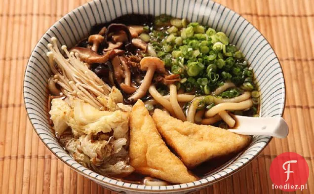 Japanese Udon with Mushroom-Soy bulion with Stir-fried Mushrooms and Cabbage (Vegan)