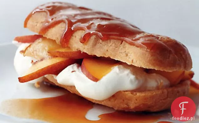 Peaches ' N ' Cream Eclairs with Bourbon Caramel Sauce