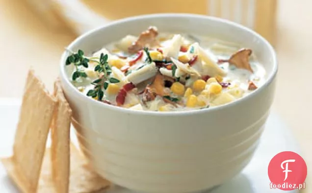 Zupa krabowo-kukurydziana z boczkiem i pieczarkami Kurkowymi