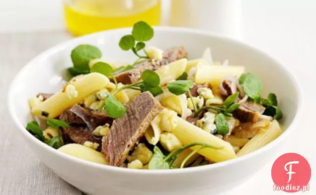 Penne with griddled steak, stilton & shallots