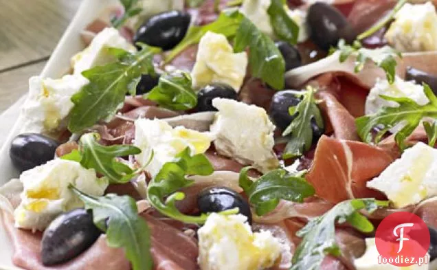 Serrano półmisek z szynką, oliwą, fetą i rukolą z domowym crostini