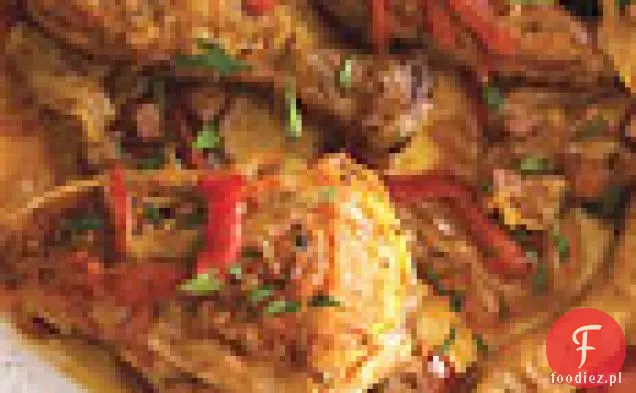 Kurczak z papryką, wędzoną szynką i papryką