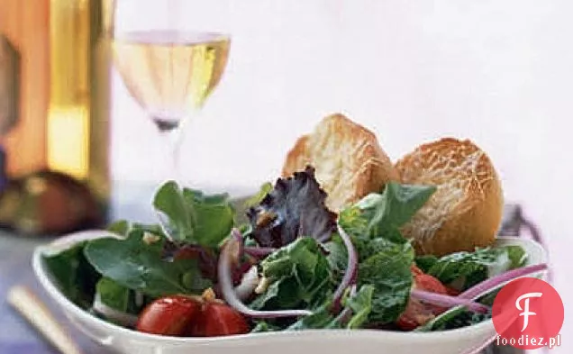 Mesclun i sałatka Rzymska z ciepłymi grzankami z parmezanem