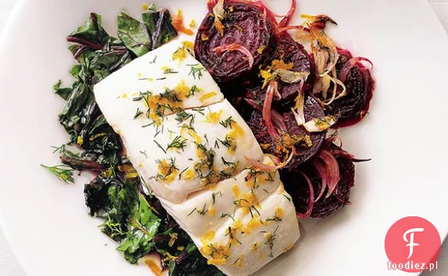 Halibut z prażonymi burakami, zielenią buraczaną i koperkiem-Gremolata pomarańczowa