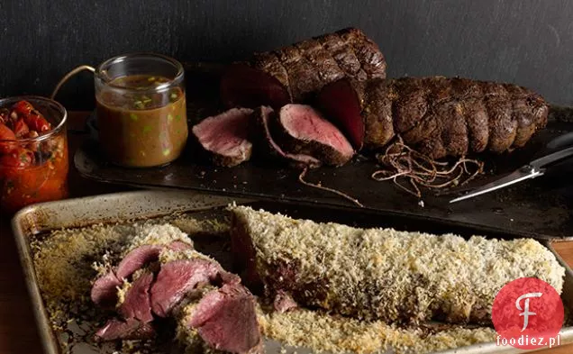 Rozmaryn-okruchy polędwiczki wołowej z pancettą-pieczone pomidory