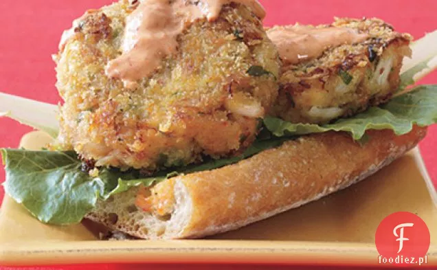 Open-Face Crab Burgers with Red Pepper Dressing