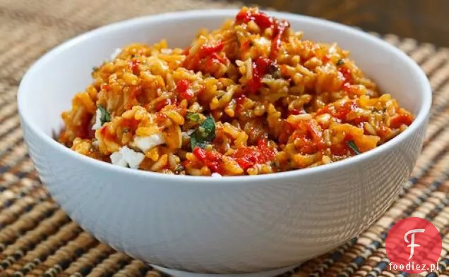 Pieczona czerwona papryka i ryż Feta