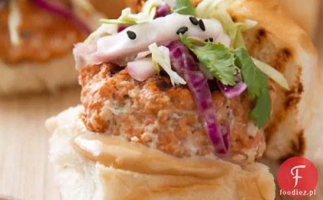Asian Spiced Salmon Sliders with Soy Mayo & Spicy Slaw