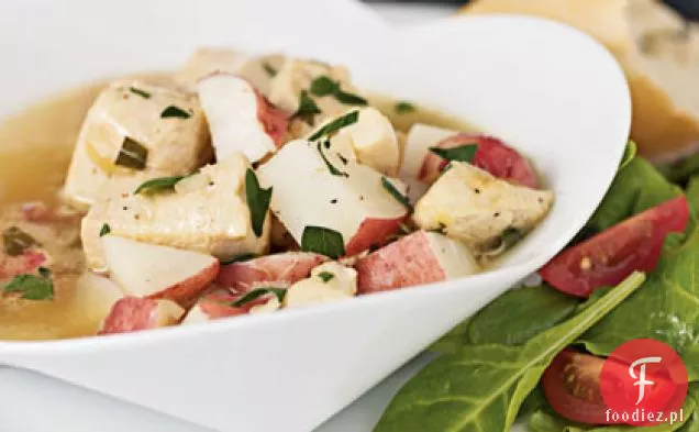 Duszony kurczak z czerwonymi ziemniakami i bulionem estragonowym