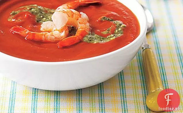Schłodzona zupa pomidorowa z krewetkami i Pesto