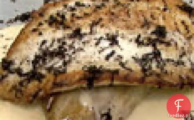 Smażony Turbot z duszonym Endywią, Flan z korzenia selera, czarne trufle i Nage czosnku