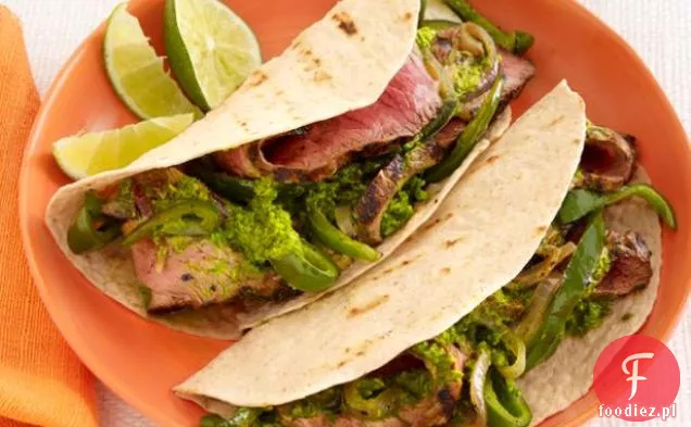 Sunny Anderson ' s Steak Fajitas with Chimichurri and Drunken Peppers