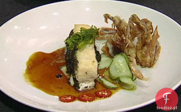 Pan Seared Wild Rockfish and Soft Shell crab Tempura with imbir and Yuzu Glaze, ogórek and tosty Nori