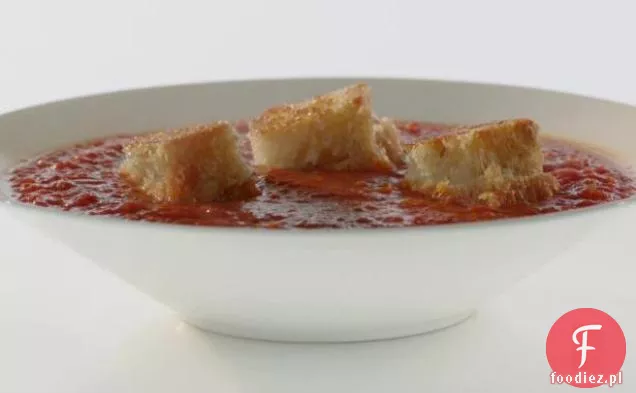 Zupa pomidorowa z pieczoną papryką, czosnkiem i cebulą z grillowanymi grzankami serowymi Gruyere