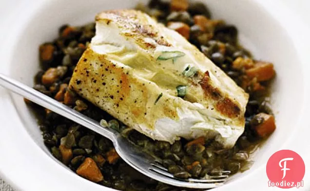 Halibut z soczewicą i sosem musztardowym