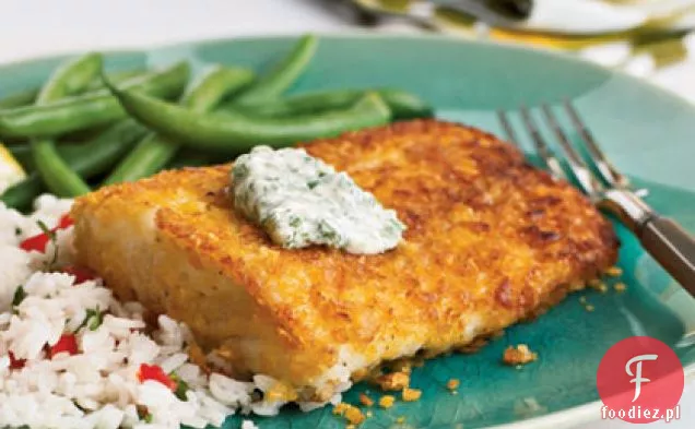 Halibut z płatków kukurydzianych z Chile-Cilantro Aioli