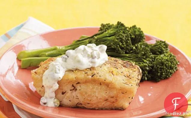 Halibut smażony na patelni z sosem Korniszonowym
