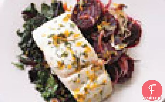 Halibut z prażonymi burakami, zielenią buraczaną i koperkiem-Gremolata pomarańczowa