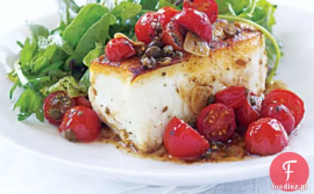 Szybki pieczony Halibut z pomidorami i kaparami