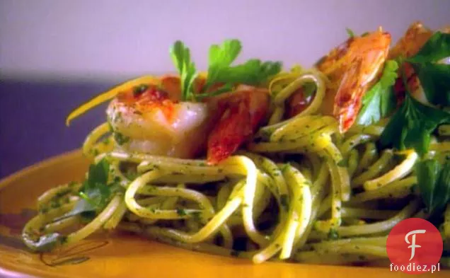 Spaghetti z Pesto z rukoli i smażonymi krewetkami Jumbo