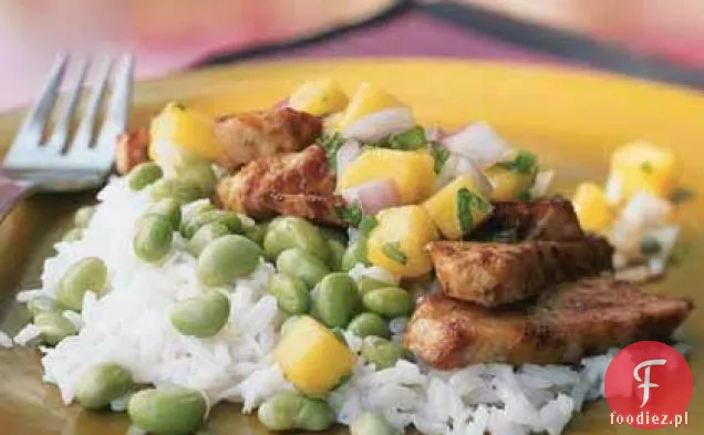 Kurczak z salsą Mango, Edamame i ryżem kokosowym