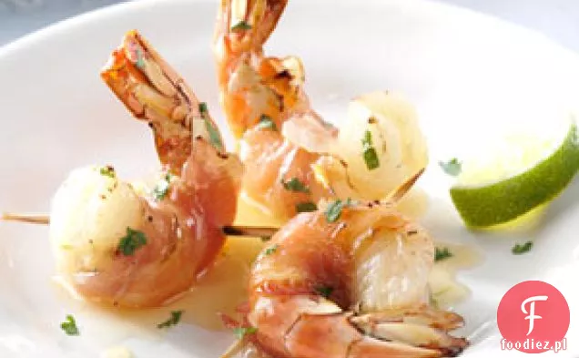 Krewetki zawinięte w Pancetta z polewą miodowo-limonkową