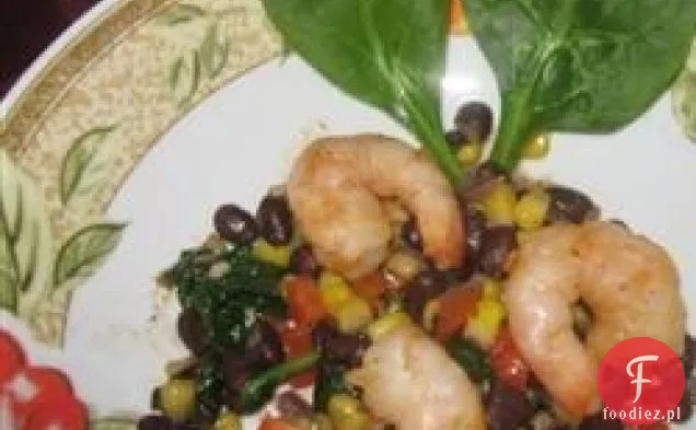 Krewetki glazurowane limonką i miodem z ciepłą sałatką z czarnej fasoli i kukurydzy