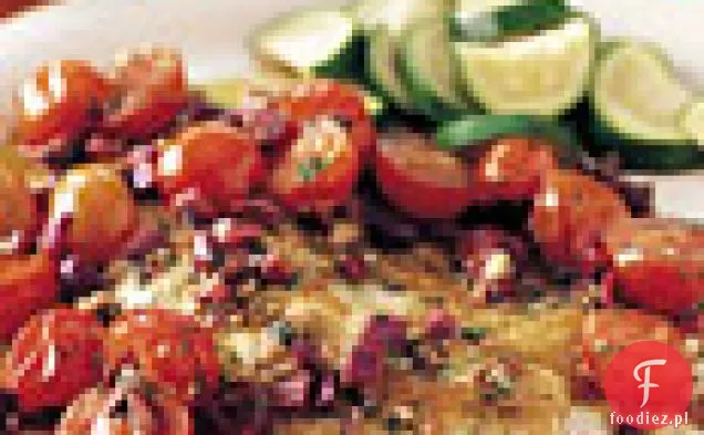Pikantna Smażona ryba z oliwkami i pomidorkami koktajlowymi