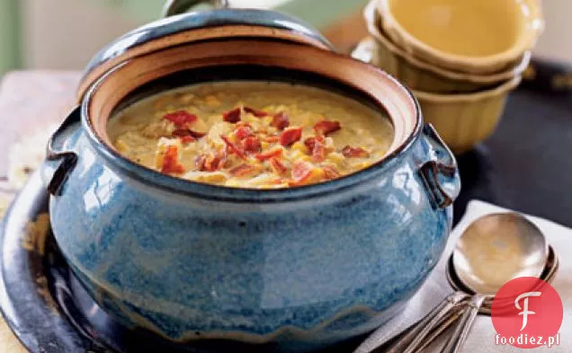 Kukurydza i Fingerling Potato Chowder z Applewood - wędzony boczek