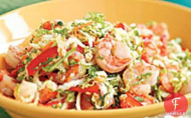 Sautéed krewetki z czerwonym pieprzem, marchew i Napa Slaw