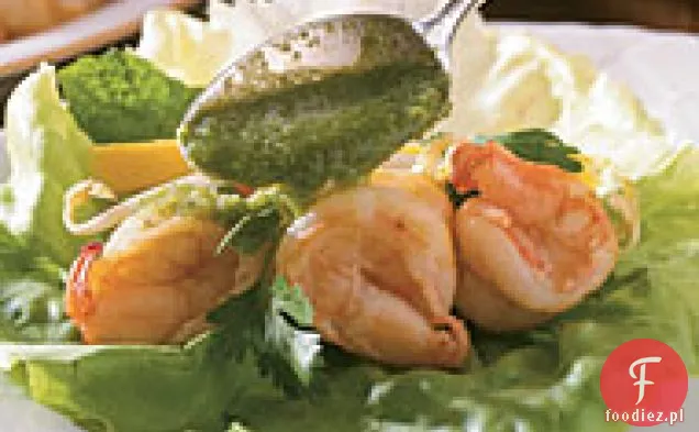 Smażone krewetki z sosem jalapeño-miętowo-imbirowym i Mango