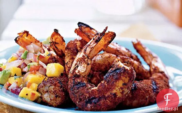 Krewetki z grillowaną cebulą, awokado i salsą z Mango