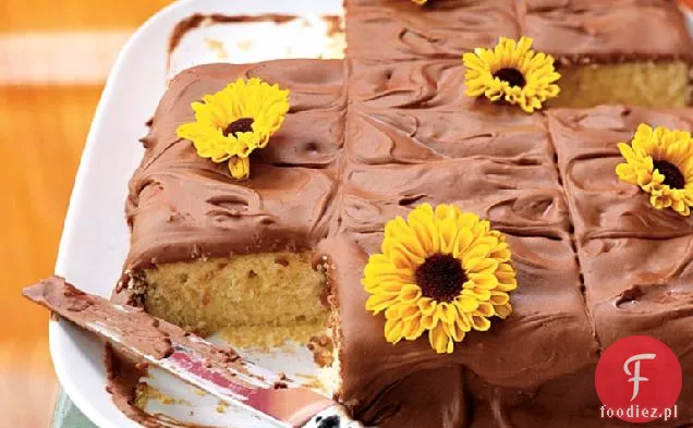 Żółty arkusz ciasto z polewą czekoladową