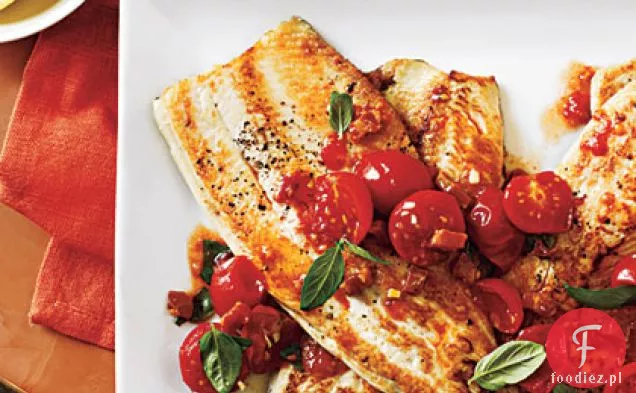 Pstrąg smażony z pomidorem bazylia Sauté