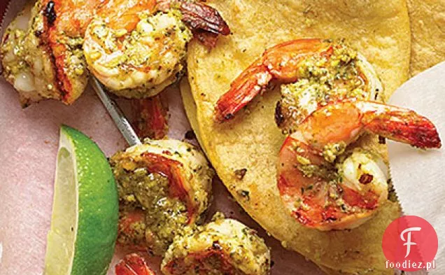 Grillowane kolendry i pistacjowe Pesto krewetki szaszłyki